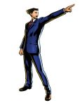  1boy absurdres black_hair capcom formal gyakuten_saiban highres lawyer male marvel_vs._capcom marvel_vs._capcom_3 mori_toshiaki naruhodou_ryuuichi necktie objection official_art phoenix_wright pointing simple_background solo suit transparent_background 