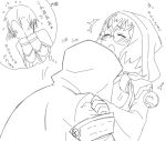  1girl arin66 bad_id between_breasts blazblue blazblue_phase_0 blush closed_eyes eyes_closed glasses head_between_breasts hood kazuma_kuvaru monochrome thought_bubble translation_request trinity_glassfield yuuki_terumi 