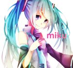  abcd2345 aqua_eyes aqua_hair character_name detached_sleeves hatsune_miku long_hair microphone necktie smile solo twintails v vocaloid 