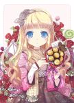  blonde_hair blue_eyes blush candy casual chocolate colored_eyelashes flower hair_flower hair_ornament hairband heart jewelry jin_young-in lollipop long_hair nail_polish necklace original red_rose revision ribbon rose scarf solo valentine wavy_hair wings 