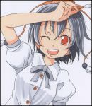  1girl black_hair hat looking_at_viewer open_mouth red_eyes s-syogo shameimaru_aya short_hair simple_background smile solo tokin_hat touhou traditional_media wink 