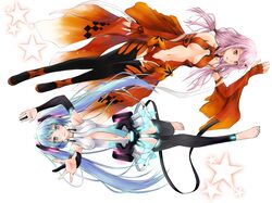  aqua_eyes barefoot breasts center_opening cleavage crown dan_(killaflip) elbow_gloves gloves guilty guilty_crown hatsune_miku hatsune_miku_(append) highres long_hair miku_append multiple_girls navel pink_hair red_eyes thigh-highs thighhighs twintails vocaloid vocaloid_append white yuzuriha_inori 