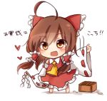  1girl ahoge ascot bow box brown_eyes brown_hair chibi detached_sleeves donation_box dress fang gohei hair_bow hair_tubes hakurei_reimu heart huge_ahoge long_sleeves looking_at_viewer open_mouth red_dress smile solo tosura-ayato touhou translation_request waving wide_sleeves 
