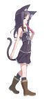  animal_ears bell bell_collar black_hair blue_eyes boots cat_ears cat_tail collar holding long_hair mofu original simple_background skirt solo tail walking white_background 