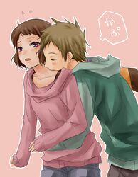  1girl brown_hair closed_eyes eyes_closed fukube_satoshi head_on_shoulder hoodie hyouka ibara_mayaka parka pink_eyes rito453 short_hair sweater 