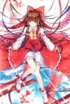  absurdres bow brown_hair detached_sleeves dress embellished_costume fish grid hair_bow hair_tubes hakurei_reimu highres japanese_clothes kiyu long_hair looking_at_viewer miko red_eyes reflection ribbon sitting solo torii touhou 