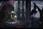  bouquet bow broken_glass brown_hair cape column flower glass hair_bow highres kneeling letterboxed long_hair paper_crane pillar reiuji_utsuho s.advent solo tears touhou wings 