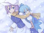  blue_eyes blue_hair blush bow cirno dress hair_bow hat jack jack_(wkm74959) letty_whiterock multiple_girls purple_eyes purple_hair scarf shared_scarf short_hair smile snow touhou violet_eyes 