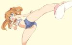  blade_(lovewn) blue_eyes blush foreshortening kicking neon_genesis_evangelion orange_hair shorts solo soryu_asuka_langley souryuu_asuka_langley sweat 