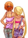  alternate_hairstyle blonde_hair body_writing brown_hair casual chuunibyou_demo_koi_ga_shitai! dekomori_sanae from_behind hair_bun hair_up icl jeans long_hair multiple_girls nibutani_shinka overalls simple_background sun_tattoo tan tanline translated translation_request twintails white_background 