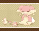  artist_request audino blush border cup cupcake eating food heart lace no_humans pokemon pokemon_(creature) pokemon_(game) pokemon_bw simple_background tea teapot 