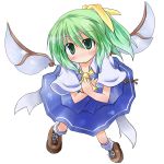  blush daiyousei fairy_wings green_eyes green_hair hair_ornament hands_on_own_chest highres open_mouth shoes short_sleeves side_ponytail simple_background skirt skirt_set socks solo touhou white_background wings yuuhi_aruha 
