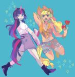  animal_ears apple applejack blue_background book boots food fruit full_body horn jumping matsusaka midriff multicolored_hair multiple_girls my_little_pony my_little_pony_friendship_is_magic personification short_shorts shorts skirt star twilight_sparkle two-tone_hair walking 