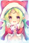  :d blush circlet elf fire_emblem fire_emblem:_kakusei gloves green_hair hood long_hair looking_at_viewer nowi_(fire_emblem) open_mouth pink_eyes pointy_ears sakura_m smile snowflakes solo star star-shaped_pupils symbol-shaped_pupils 