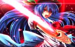  blue_hair bow bust hat highres hinanawi_tenshi lights long_hair looking_at_viewer nekominase open_mouth puffy_sleeves red_eyes ribbon short_sleeves smile solo sword_of_hisou touhou very_long_hair wind 