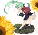  backpack bag floating_hair green_eyes green_hair hatsune_miku itsutsuse leaning_forward loafers long_hair looking_back no_panties open_mouth randoseru shoes skirt socks solo twintails very_long_hair vocaloid 
