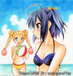  ball beachball bikini black_hair blonde_hair blue_eyes chuunibyou_demo_koi_ga_shitai! dekomori_sanae eyepatch green_eyes long_hair multiple_girls nightmare77zx purple_hair short_hair side_ponytail swimsuit takanashi_rikka traditional_media twintails 