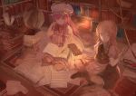  blonde_hair book book_on_lap bow braid crescent daro_(645046276) globe holding holding_book kirisame_marisa long_hair multiple_girls no_hat no_headwear open_book patchouli_knowledge purple_eyes purple_hair quill scroll single_braid sitting too_many_books touhou vertical_stripes violet_eyes yellow_eyes 