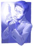  1boy blue cigarette inogashira_gorou kousaku monochrome short_hair smoking yukkuri_youmu_to_hontou_wa_kowai_cthulhu_shinwa 