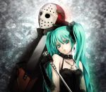  aqua_hair bare_shoulders chainsaw collar crossover earrings elbow_gloves gloves hatsune_miku hockey_mask jason_voorhees jewelry long_hair microphone microphone_stand necklace revision twintails vocaloid yamano_uzura 