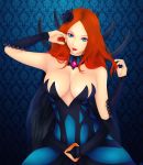  belt blue_eyes breasts cape empath empath_(hon) feathers flower hair_ornament heroes_of_newerth highres khalitzburg large_breasts red_hair redhead rose 
