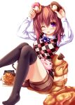  ;d argyle black_legwear blush cassini_m_bisuko cat doughnut food holding long_hair looking_at_viewer open_mouth original purple_eyes revision sitting smile solo syroh thigh-highs thighhighs violet_eyes wink 