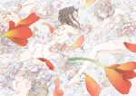  arakawa_(aintnoroom) barefoot black_hair blue_eyes braid breaking breasts brown_hair closed_eyes dress eyes_closed flower highres multiple_girls original outstretched_arms petals short_hair surreal tears 