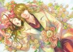  1girl barnaby_brooks_jr blonde_hair braid brown_eyes brown_hair emi_(penguin908) flower flower_field formal glasses green_eyes kaburagi_kaede lying ponytail suit tiger_&amp;_bunny 