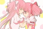  bloom2425 blush bow closed_eyes dual_persona eyes_closed gloves goddess_madoka hair_bow hands_on_shoulders kaname_madoka long_hair mahou_shoujo_madoka_madoka mahou_shoujo_madoka_magica multiple_girls pink_eyes pink_hair short_hair smile tears time_paradox ultimate_madoka white_gloves 