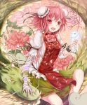  :d amputee bandage bandages blush bun_cover chain chains cherry_blossoms cuffs dabadhi double_bun dragon eastern_dragon flower highres hitodama ibaraki_kasen looking_at_viewer manacles open_mouth peony_(flower) petals pink_eyes pink_hair pink_rose revision rose short_hair smile solo tabard touhou 