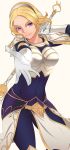  armor blonde_hair bodysuit bracelet elbow_gloves elune elune_(artist) gloves hairband highres jewelry league_of_legends long_hair luxanna_crownguard outstretched_hand purple_eyes simple_background skirt smile solo staff violet_eyes 