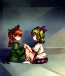  animal_ears braid cat_ears cat_tail checkered checkered_skirt dress extra_ears eye_contact green_dress green_eyes green_hair hair_ribbon hand_holding hat highres himekaidou_hatate holding_hands juliet_sleeves kaenbyou_rin long_sleeves looking_at_another mizuga multiple_girls multiple_tails open_mouth puffy_sleeves red_eyes red_hair redhead ribbon shirt short_sleeves skirt tail tokin_hat touhou twin_braids twintails 