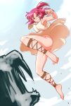  ankle_lace-up ass barefoot bottomless cloud clouds cross-laced_footwear dress feet jumping legs long_legs magi_the_labyrinth_of_magic morgiana no_panties pink_hair red_eyes short_hair side_ponytail sky solo soubee1 thighs tiger upskirt 