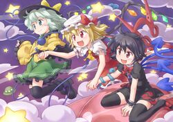  :d aqua_eyes asymmetrical_wings black_hair black_legwear blonde_hair eyeball flandre_scarlet flying friends green_eyes green_hair hand_holding hat holding_hands houjuu_nue komeiji_koishi kurotama_(avino) multiple_girls open_mouth over-kneehighs red_eyes revision short_hair side_ponytail silver_hair sitting skirt smile star thigh-highs thighhighs touhou ufo wariza white_hair wings zettai_ryouiki 