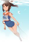  1girl bare_shoulders blush brown_eyes brown_hair bubble i-401_(kantai_collection) kantai_collection nekoume net one-piece_swimsuit ponytail sailor_collar school_swimsuit school_uniform short_hair short_ponytail smile solo swimsuit underwater 