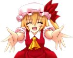  ascot blonde_hair blush closed_eyes eyes_closed flandre_scarlet hat open_mouth shunmin simple_background smile solo touhou white_background 