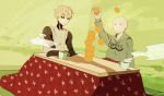 bald black_sclera blonde_hair cyborg food fruit genos kotatsu one-punch_man orange saitama_(one-punch_man) stacking table touhajime yellow_eyes