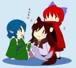  3girls animal_ears blue_hair blush bow brooch brown_hair cape dress fang frills hair_bow hand_on_another&#039;s_head head_fins imaizumi_kagerou japanese_clothes jewelry long_hair long_sleeves mermaid monster_girl multiple_girls obi open_mouth redhead sekibanki short_hair skirt sunshinek tail touhou wakasagihime wolf_ears wolf_tail |_| 