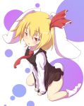  animal_ears blonde_hair blush bottomless bunny_ears bunny_tail fang hair_ribbon highres kemonomimi_mode long_sleeves necktie open_mouth rabbit_ears red_eyes rhine ribbon rumia shirt short_hair sitting solo tail touhou v_arms vest wariza 