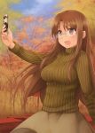  :d blush breasts brown_eyes brown_hair cellphone glasses holding kouno_hikaru long_hair open_mouth original pantyhose phone ribbed_sweater skirt smile solo sweater tree 
