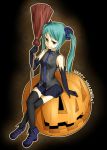  broom colored fira_yuki hatsune_miku highres jack-o&#039;-lantern jack-o'-lantern long_hair sitting skirt smile solo vocaloid 