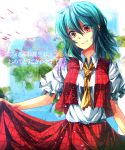  ascot breasts fuuna_(conclusion) green_hair highres kazami_yuuka plaid red_eyes shirt short_hair short_sleeves skirt skirt_hold smile solo text touhou translated vest 