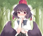  black_hair black_wings blush bow bust commentary commentary_request dress_shirt forest hammer_(sunset_beach) hand_to_mouth hat hat_ribbon nature puffy_sleeves red_eyes ribbon shameimaru_aya shirt short_hair short_sleeves skirt skirt_lift solo tears tokin_hat touhou tree wings 