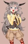  blue_eyes curly_hair food highres horns kuzu_kow long_hair looking_at_viewer open_mouth original pantyhose shorts silver_hair simple_background solo striped striped_legwear very_long_hair 