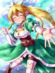  1girl ^_^ absurdres blonde_hair blush braid breasts cleavage closed_eyes dress elf highres kayama_kenji leafa long_hair looking_at_viewer outstretched_arm outstretched_hand pointy_ears ponytail smile solo sword_art_online twin_braids 