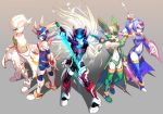  blue_eyes blue_hair cape copy_x einlee energy_sword glowing glowing_eyes harpuia hellbat_schilt helmet leviathan_(rockman) long_hair polearm red_eyes rockman rockman_zero short_twintails spear sword thigh-highs thighhighs twintails weapon white_hair zero_(rockman) 