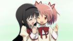  ^_^ akemi_homura black_hair cheek-to-cheek closed_eyes eyes_closed hair_ribbon hairband kaname_madoka long_hair luminous_(madoka_magica) mahou_shoujo_madoka_magica mizushima_(p201112) multiple_girls open_mouth pink_eyes pink_hair ribbon school_uniform short_hair wink 