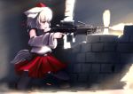  animal_ears belt black_legwear brick_wall brown_eyes bullet chipika detached_sleeves firing gun hat holding inubashiri_momiji m249 machine_gun short_hair skirt solo tail thigh-highs thighhighs tokin_hat touhou weapon white_hair wolf_ears wolf_tail 