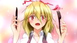  :o blonde_hair blush breasts cleavage ex-rumia fang fork heart knife red_eyes rumia saliva short_hair solo sparkle tennenmoe torn_ribbon touhou 