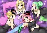 1boy 3girls blonde_hair brother_and_sister colored crypton_future_media don&#039;t_say_&quot;lazy&quot; fira_yuki green_hair hatsune_miku k-on! kagamine_len kagamine_rin long_hair looking_at_viewer megurine_luka multiple_girls pantyhose parody pink_hair shiromizakana_(style) short_hair siblings smile trait_connection trap vocaloid yamaha_(company) 